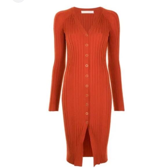 Dion Lee Gradient Ribbed Wool Snap Front Midi Dress Medium Rust Red Long Sleeve - Picture 2 of 10